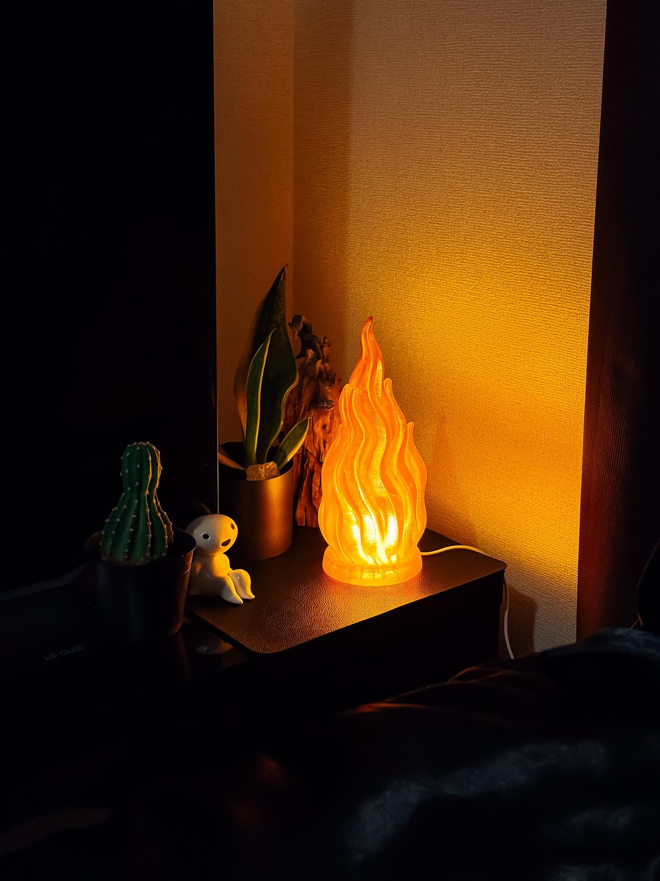 3D Printed Fire LED Lamp – Glowing Flame Night Light in Translucent PETG (Anime or Realistic Design)