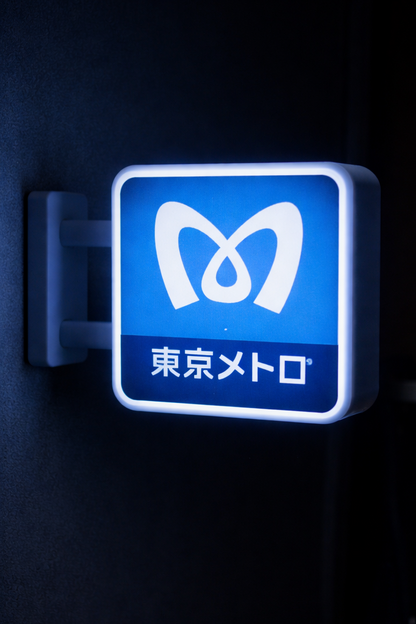 Blue illuminated sign with a logo on a dark background